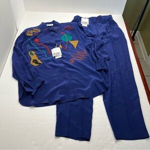 Regina‎ Porter Womens Large Purple Blue Wicked 90s Shirt & Pants 100% Silk NEW
